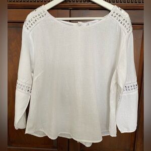 Sigrid Olsen Linen Blend White Blouse Button Back Cutwork details Size Large